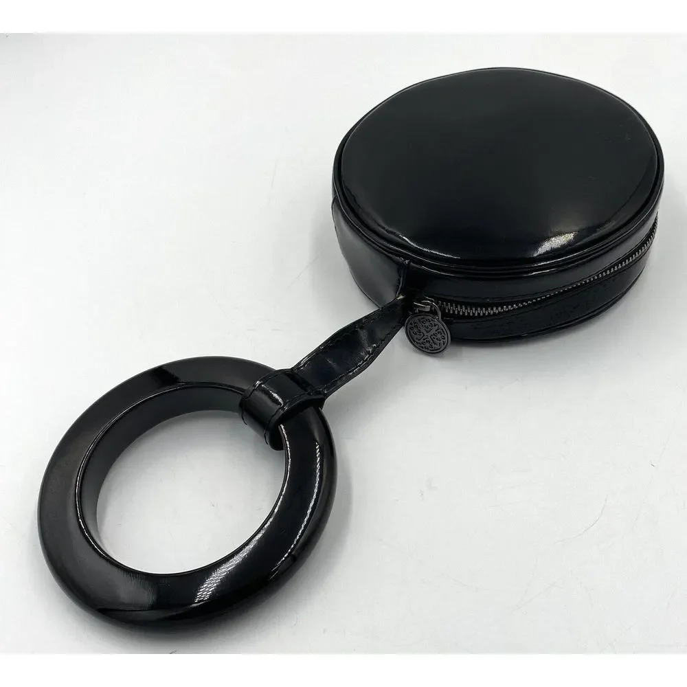 Perrin Paris Patent Leather Round‎ Circle Wrist Bracelet Bag Black